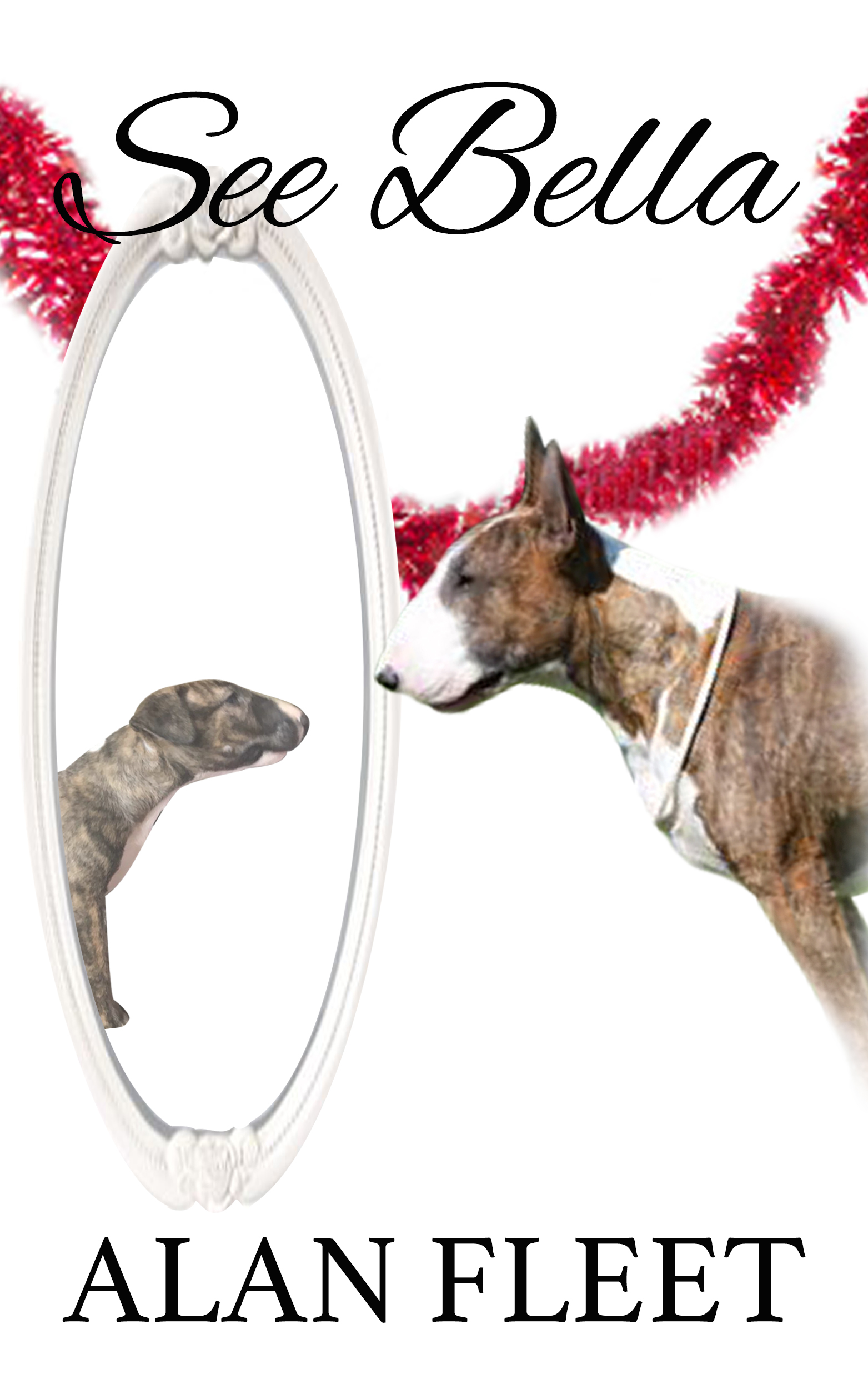 An adult English Bull Terrier looks into a mirror and sees her stolen puppy.