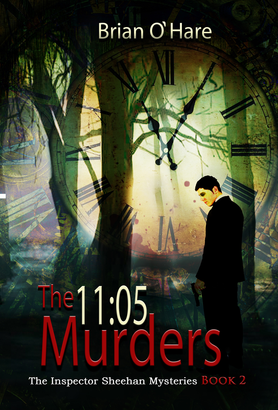 Large,  clock-face. Dark wood scene, with a searching man carrying a revolver, superimposed on clock Title in white and red print: The 11:05 Murders.