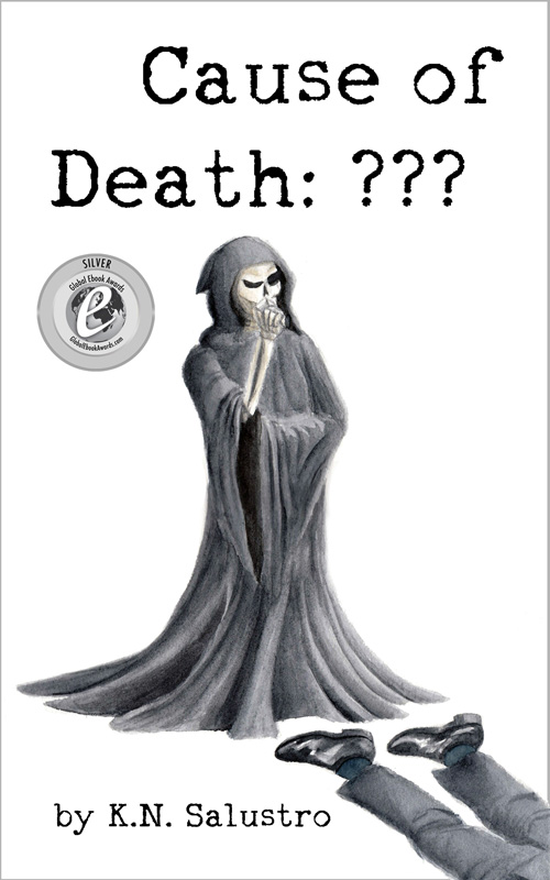Text: Cause of Death: ??? by K.N. Salustro. Image shows a the skeletal figure of Death in a hooded robe looking questioningly at a pair of legs dressed in a business suit that continues off the page, suggesting the rest of the body.