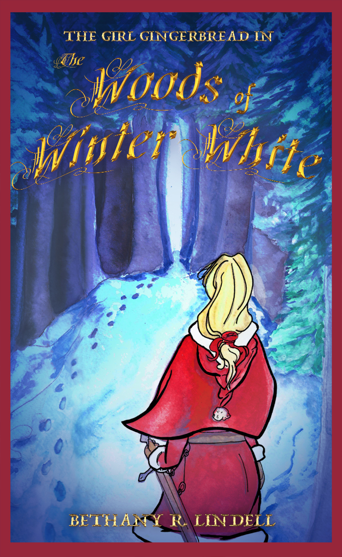 A girl in a red cloak watches footprints leading into the snowy wood.