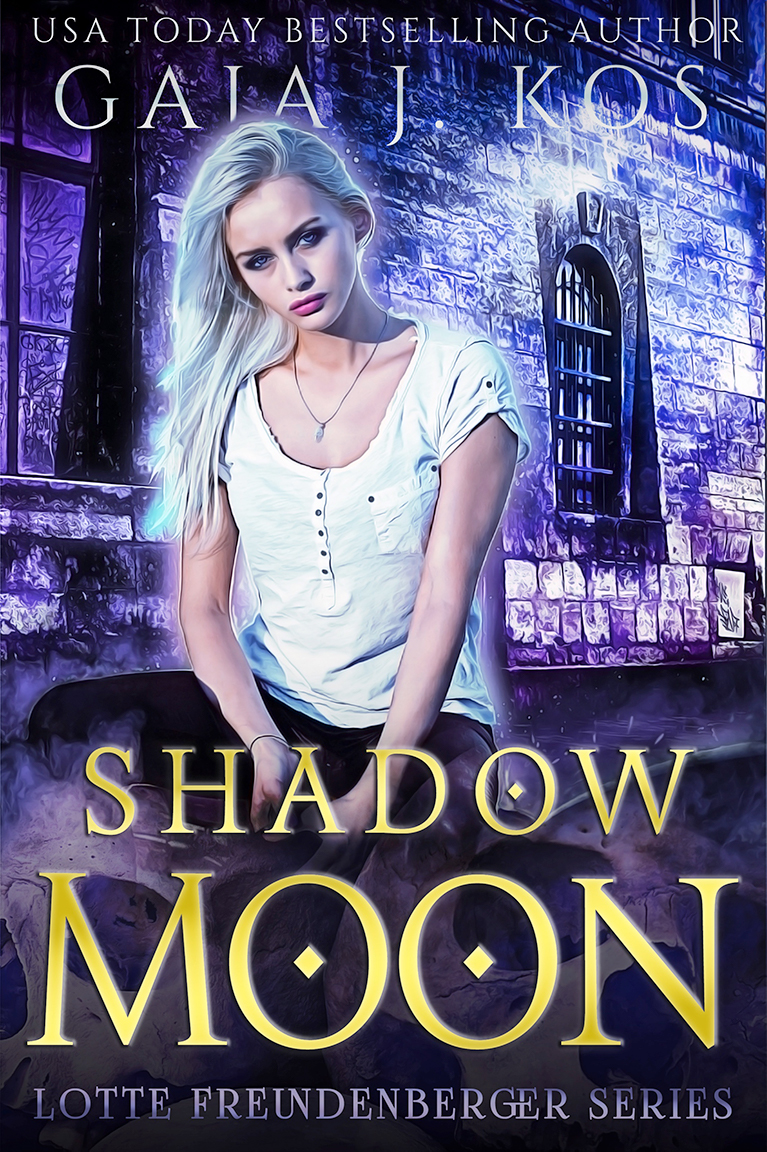 Shadow Moon by Gaja J. Kos cover featuring a blonde werewolf girl sitting on a motorcycle on a dark Munich street