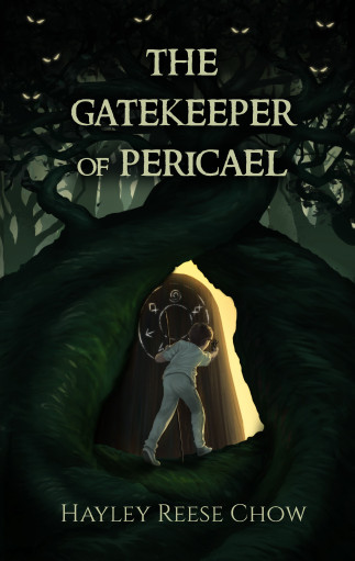The cover of The Gatekeeper of Pericael - a young boy enters a door wedged between two dark trees.