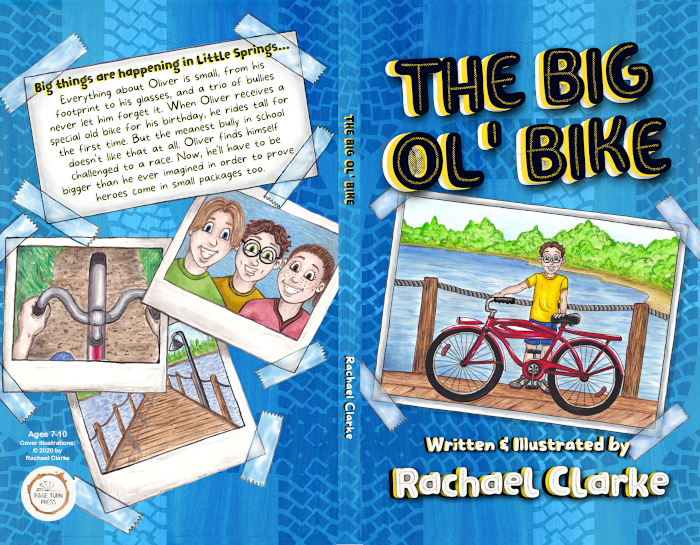 The Big Ol' Bike book cover, showing images of Oliver with his friends, and his red bike on a lake dock.