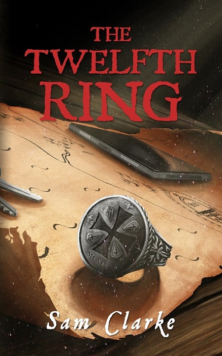 Templar ring resting on an ancient map with a cell phone in the background.