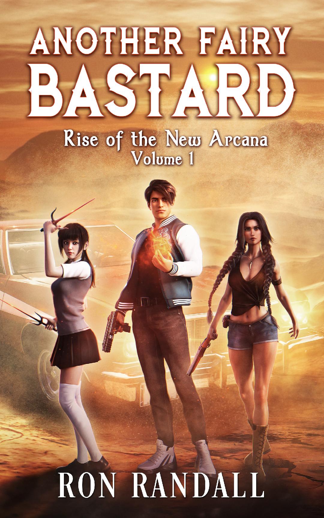 Tall young man with gun in one hand and a flame in the other, stands between a woman of Asian descent carrying a pair of Sais, and a Native American woman with a shotgun, in front of a car in the desert.