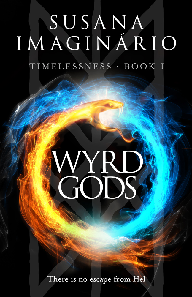 Black cover with clashing blue and orange flames in the shape of an Ouroboros with the Web of Wyrd in the background. 