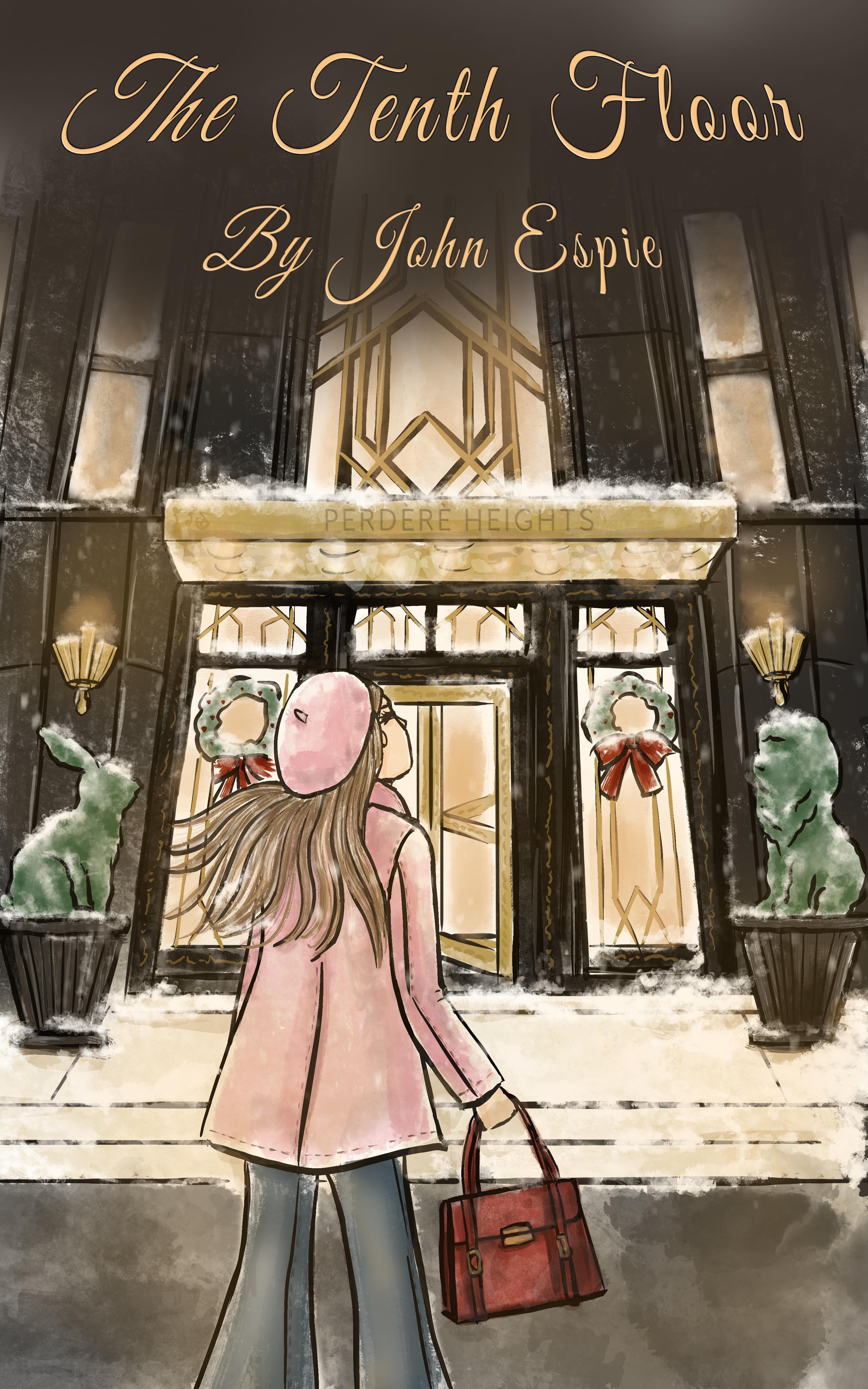 A little girl stands in front of an art deco building, peering upwards.