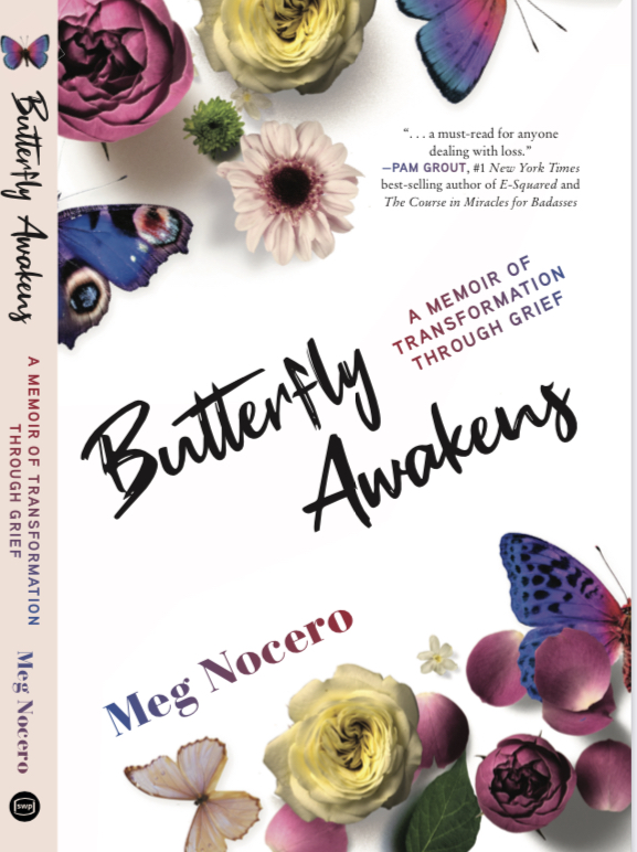 The words Butterfly Awakens against a white backdrop - with butterflies and flowers bursting with color on each diagonal corner