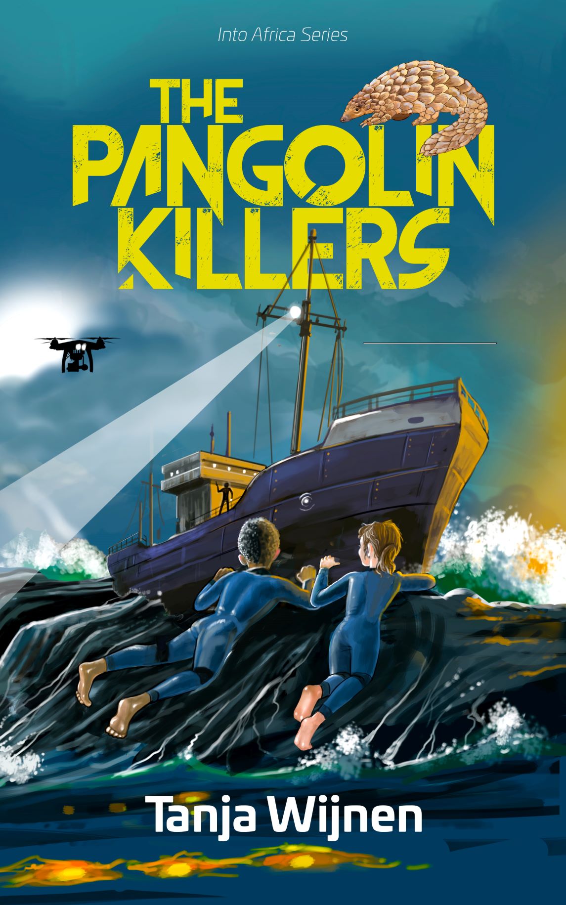 Cover of The Pangolin Killers, as uploaded on Amazon: Image of two children lying on a rock in rough seas, steering drone over ship wreck. A man with a gun is standing on the shipwreck.  Note: The Danish publisher that I have a contract with has advised that they will make a new, more modern cover. All the illustrations inside the book will stay. 