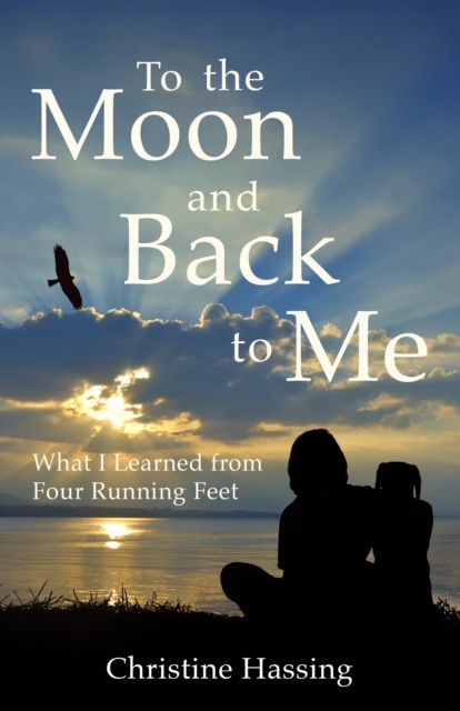 Image of a person and a dog as they sit by the water's edge as the sun is setting, a bird flying in the sky