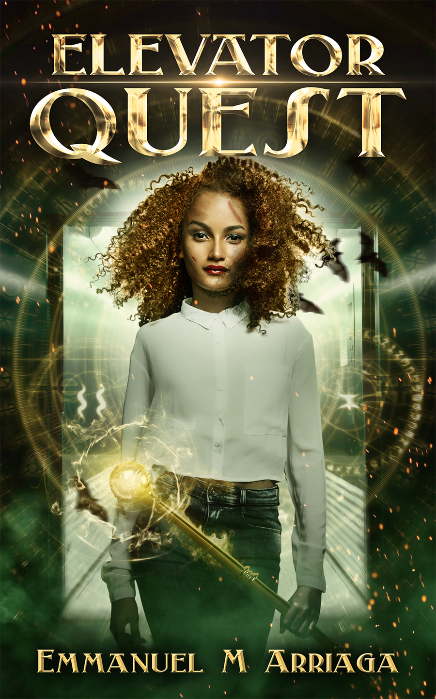 Picture of an African American woman holding a golden mace with magic energy around it, standing in front of an open elevator.