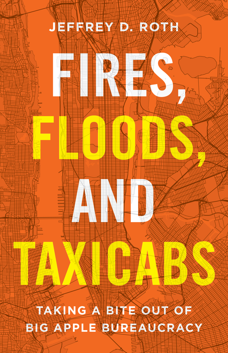 Fires, Floods, and Taxicabs: Taking a Bite Out of Big Apple Bureaucracy, by Jeffrey D. Roth, Orange Cover with Yellow and White Lettering Overtop a Light Gray Map of New York City