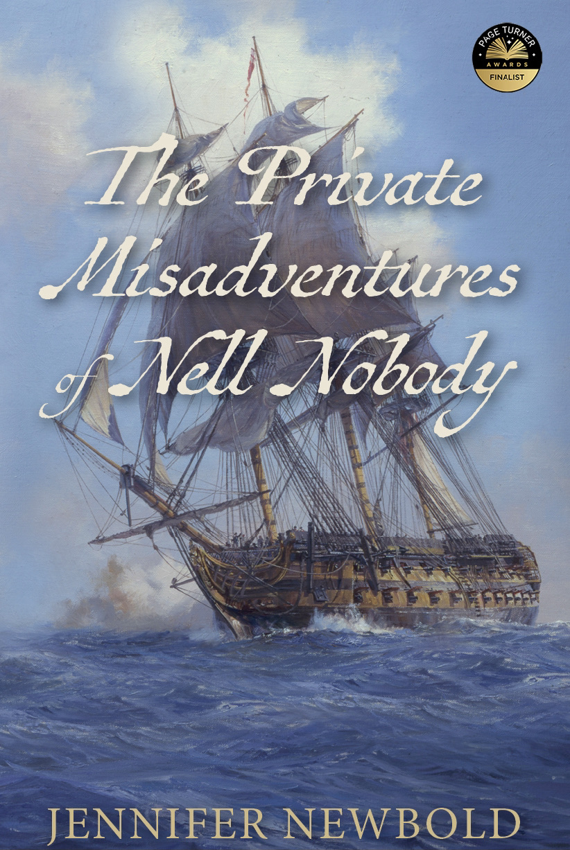 Eighteenth-century warship HMS AGAMEMNON opens fire on the French fleet, superimposed with title, 'The Private Misadventures of Nell Nobody.'