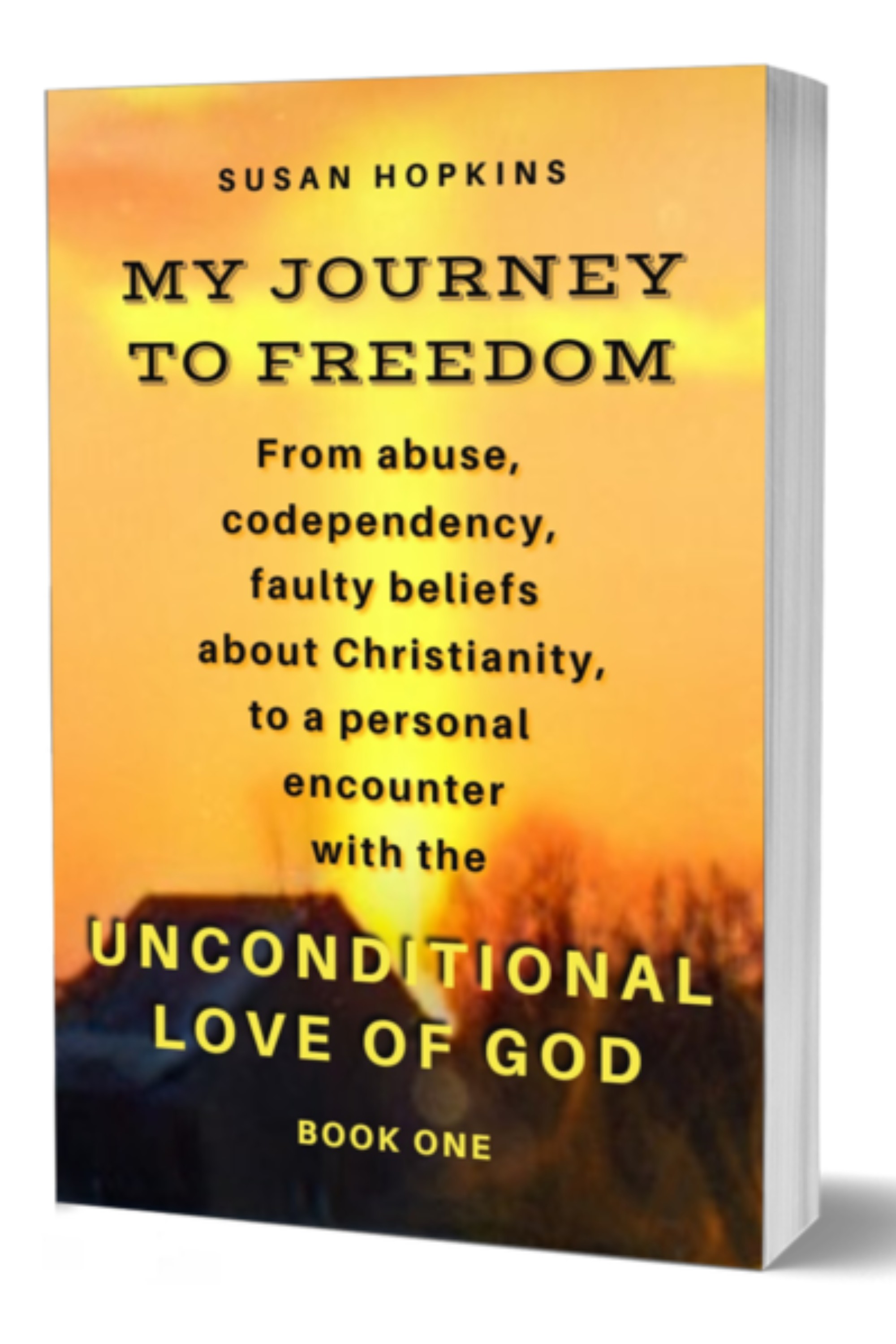 A mockup of a 6x9 paperback book cover which features an orangey night sky, a dark silhouette of a building and trees along the bottom, and a bright yellow sun pillar in the shape of a cross which highlights text ~ the author's name Susan Hopkins and the title of the book