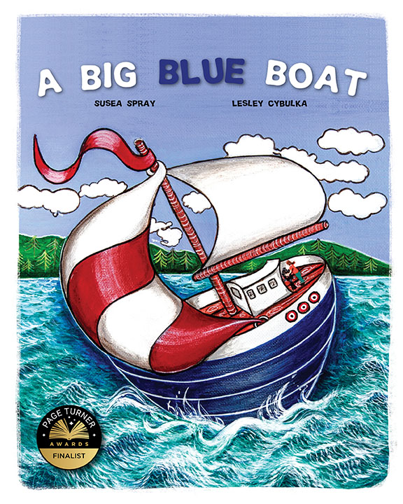 Big Blue Boat with large red and white sail on the rollicking frolicking sea