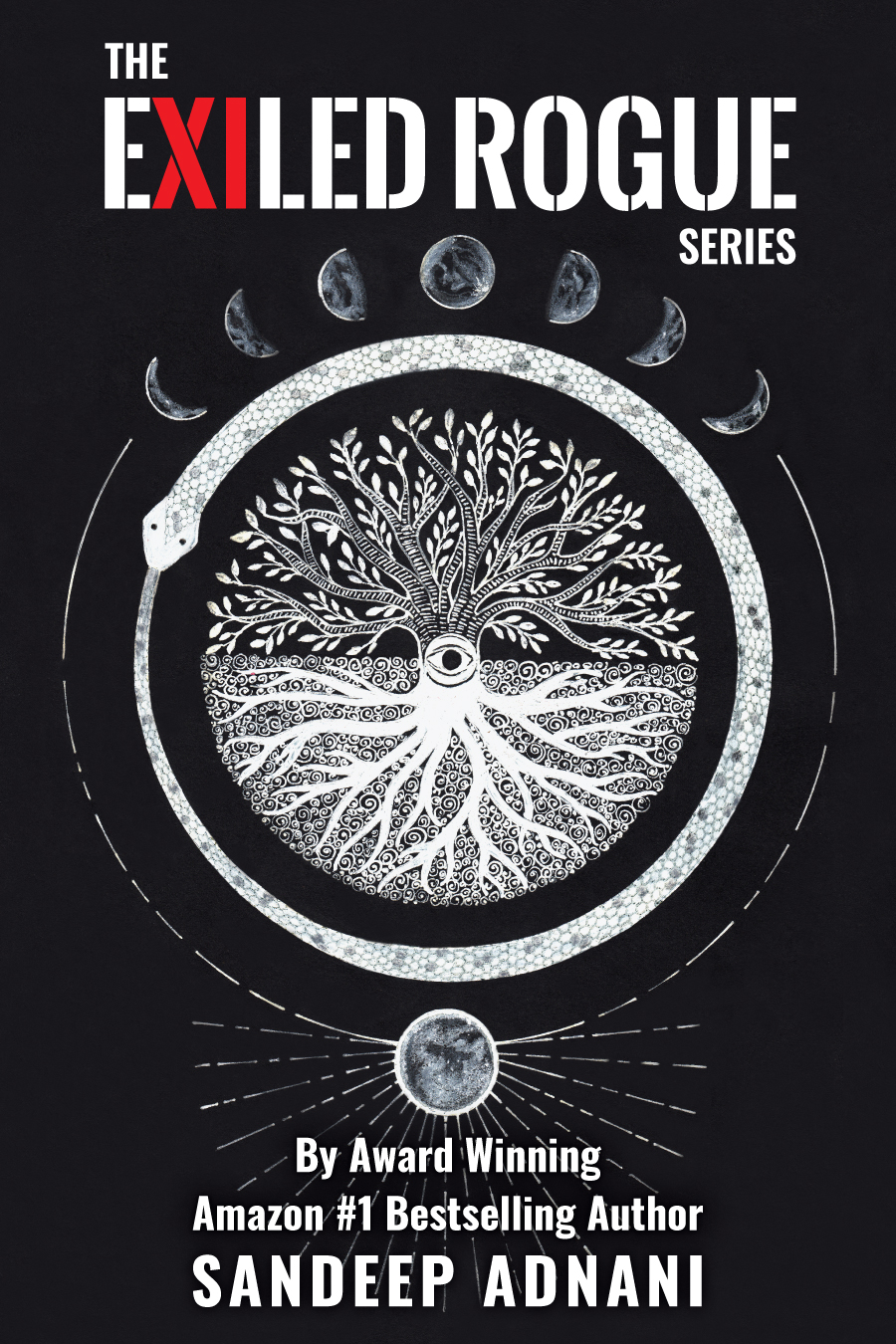 The cover is hand-drawn and represents the philosophy of the trilogy. The first book is represented by the shining sun and the cycle of the moon. The second book is represented by the tree of life and the all seeing eye. The third book is represented by the Ouroboros, the never ending cycle of life and death, birth and rebirth. Together, they represent 'The Exiled Rogue Series', the omnibus edition of the three books.