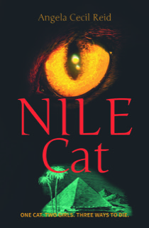 The cover shows a huge cat's eye peering out of a black sky above ghostly green pyramids. Nile Cat is printed in a large blood red font.