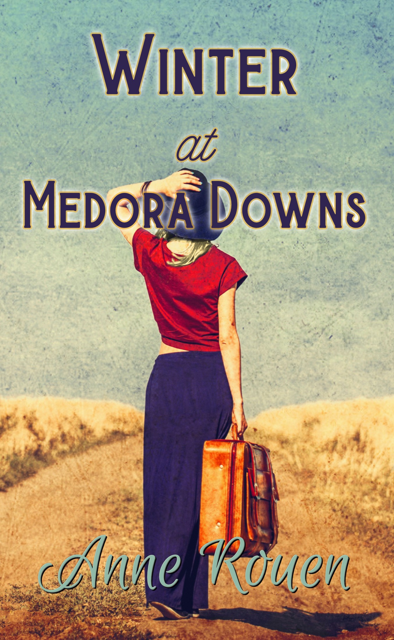Cover of the novel Winter at Medora downs, showing a young woman walking along an Outback road with her luggage.