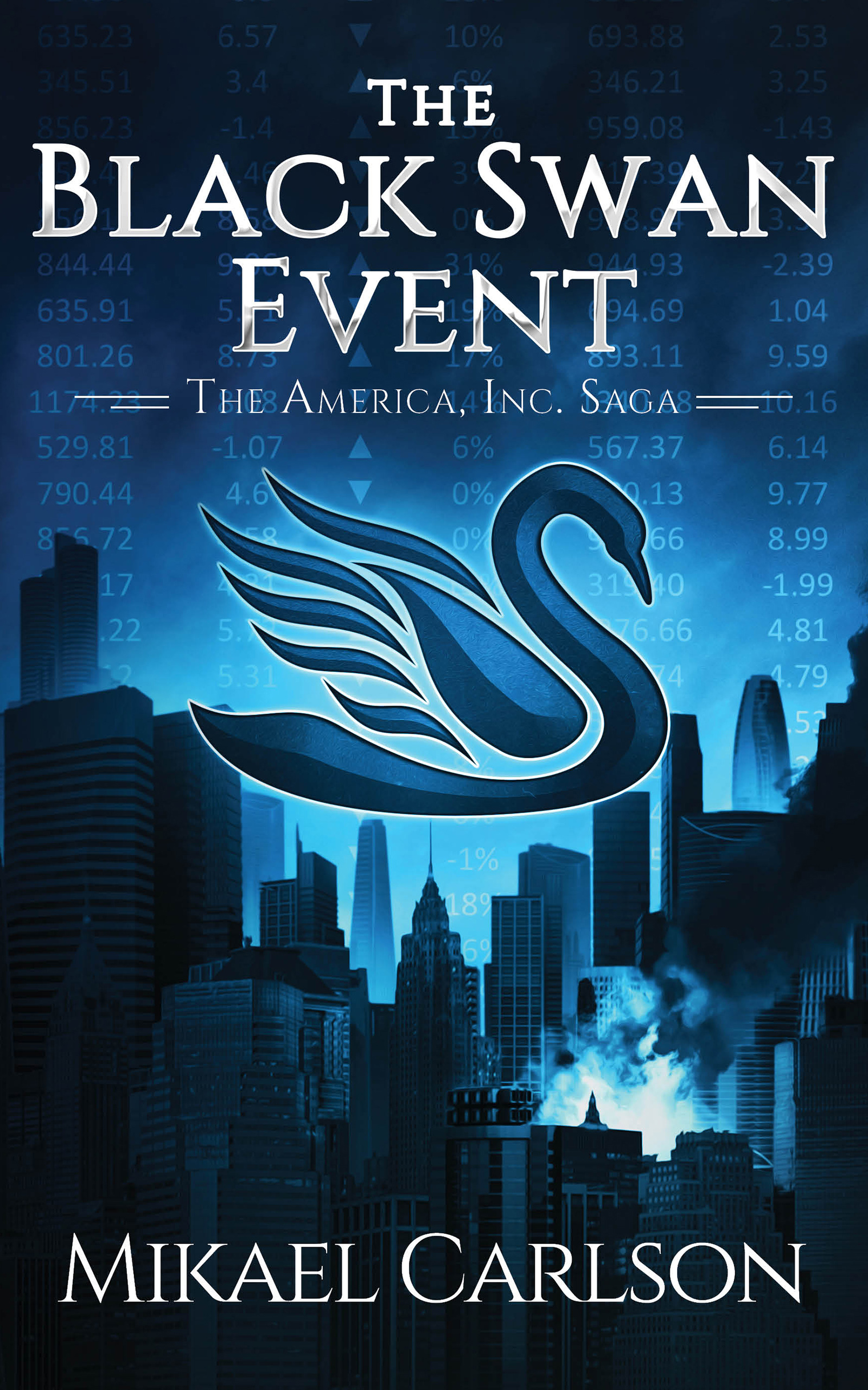 The Black Swan Event cover with futuristic swan in foreground and city skyline and explosion in background