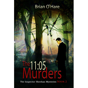 Large,  clock-face. Dark wood scene, with a searching man carrying a revolver, superimposed on clock Title in white and red print: The 11:05 Murders.