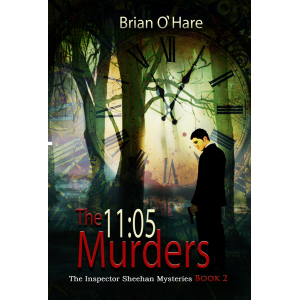 Large, clock-face. Dark wood scene, with a searching man carrying a revolver, superimposed on clock Title in white and red print: The 11:05 Murders.