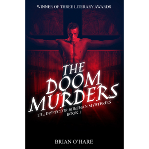 Dark background; heavy red picture of man of crucified man, overwritten in large white capitals: The Doom Murders.