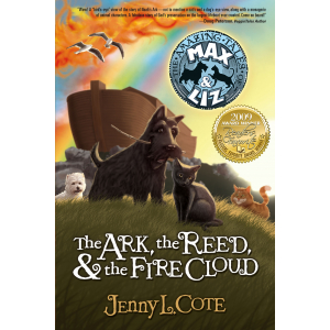 Noah's Ark with a Scottish Terrier, White Westie, Black Cat, and Orange Cat in foreground with a rainbow, fire cloud and seagulls above in the sky.