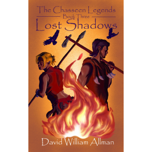 Fawn, holding her spear and Keenan, with his dig-stick over his shoulder, both standing near their fire.