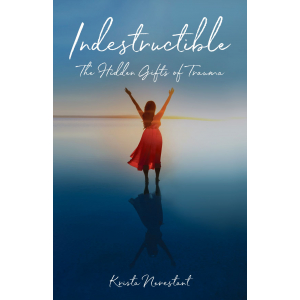 Woman with arms raised in triumph with a reflection of her child self on reflecting on the ground.