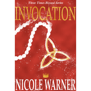 Title "Invocation" in golden lettering with a red background. Beads with a triquetra at end, white with gold accents and a small golden crown above author's name.