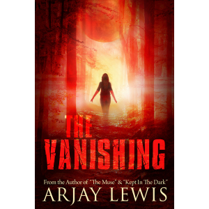 A forest all in red, with a large moon overhead, a woman walks into the woods, her feet are disappearing as she goes.