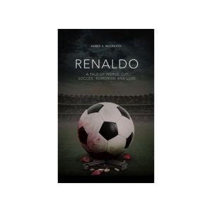 A smudged soccer ball rests on the turf of a darkened stadium with pistol, bullets and red rose petals nestled beside it