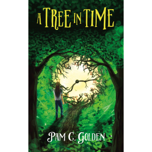 Girl walking on path, that resembles bark, towards a clockface that has twigs as hands and leaves growing over the edges. The whole is framed by two oak trees forming an arch, with the title in yellow uneven lettering in the dark leavy top of the frame.