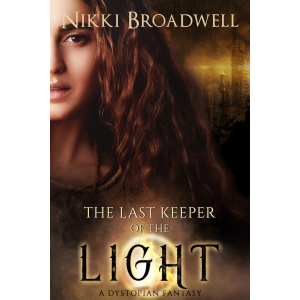 A woman faces outward, a light held in her cupped hands. Behind her the city burns.