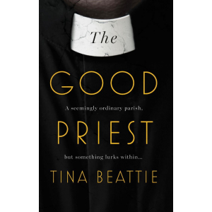 Title and author's name in orange on black background which is the front of a priest's shirt, with a cracked white dog collar at the top of the image.