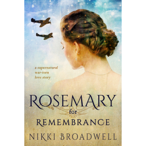 Rosemary faces away with planes flying in the sky beyond her image...