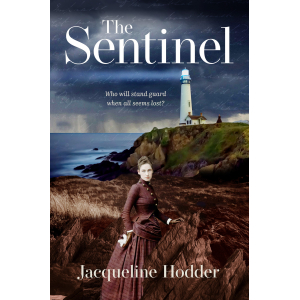 Cover design for 'The Sentinel' showing lady in Victorian dress with a lighthouse and smaller figure behind her.