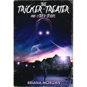 a scary face with glowing eyes looms above a two-story house with a young woman looking up in front of it