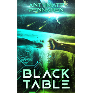Black Table cover with fist bump in front of a galactic forest view