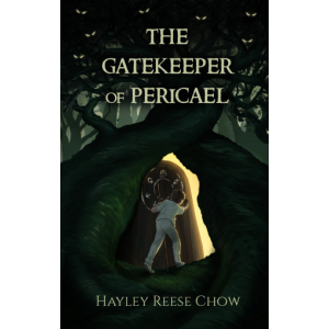 The cover of The Gatekeeper of Pericael - a young boy enters a door wedged between two dark trees.