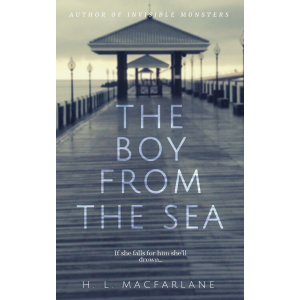 The title 'The Boy from the Sea' is written in capital letter, sans serif font in transluscent white letters across a faded, wet blue pier with pale yellow clouds. 