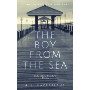 The title 'The Boy from the Sea' is written in capital letter, sans serif font in transluscent white letters across a faded, wet blue pier with pale yellow clouds.