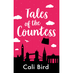 Cover of Tales of the Countess. Pink background with showing a city scape in black. Westminster, Tower Bridge, Chrysler Building, Brandenburg Gate