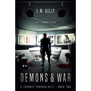 Evil shadow demon with lava colored eyes standing in front of a blood covered news anchor desk.