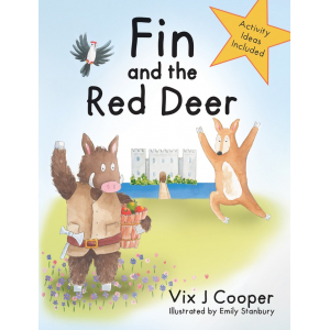 Wild boar Fin, the keeper of the moat and drawbridge, and Baby Red Deer looking out to the reader, with a castle in the background.