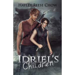 The cover of Idriel's Children -  a teenage girl with a bloody knife stands next to a blonde teenage boy on a shadowy background.