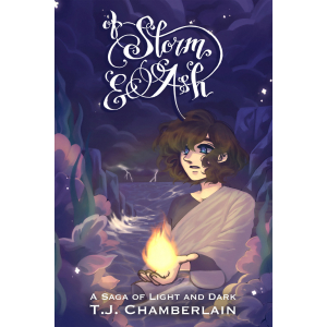 An illustration of the book's deuteragonist, Poseidon, holding a small, magical flame in his hand, which illuminates the serious expression on his face against the dark blueish scene of the Sea in a storm behind him. He is at the shore, surrounded by black rocks. A cursive script at the top reads "Of Storm and Ash," while a plain sans serif font on the bottom names the book series, "A Saga of Light and Dark," and the author's name, T.J. Chamberlain.