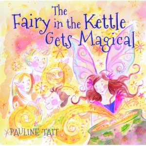 Leona and her friends beside an urn full of magical fairy dust. The amber dust is swirling around the fairies, filling the cover.