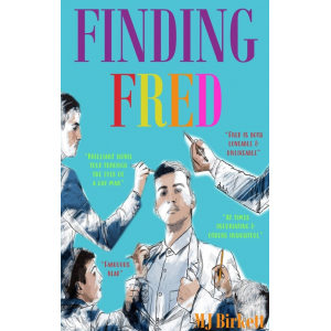 Young gay man surrounded by people designing him. Bold contrasting colours and elegant font used for the book title, Finding Fred.