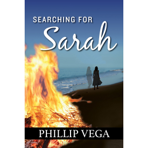 In the foreground, a beach bonfire flares. In the distance, a pair of women, walk the beach, one in focus, one fading away.